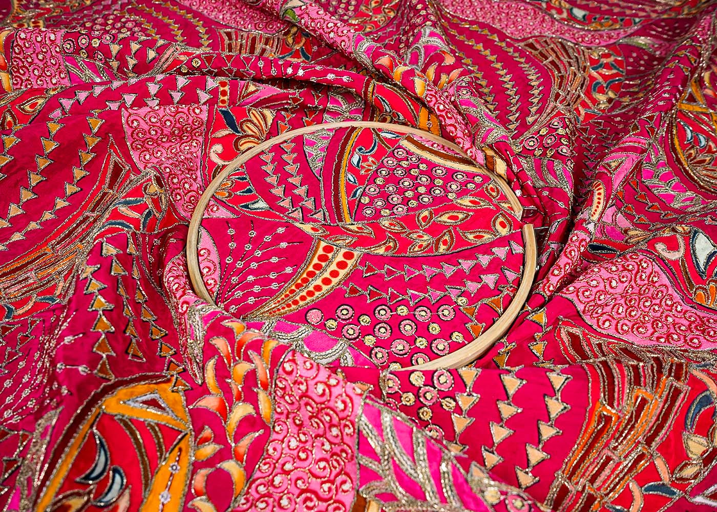 Pink Crepe Fabric With All Over Thread, Sequins And Zari Work 16464