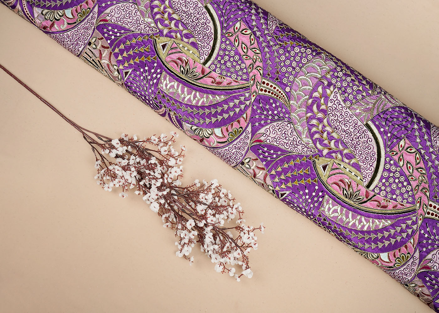 Lavender Crepe Fabric With All Over Thread, Sequins And Zari Work 16465