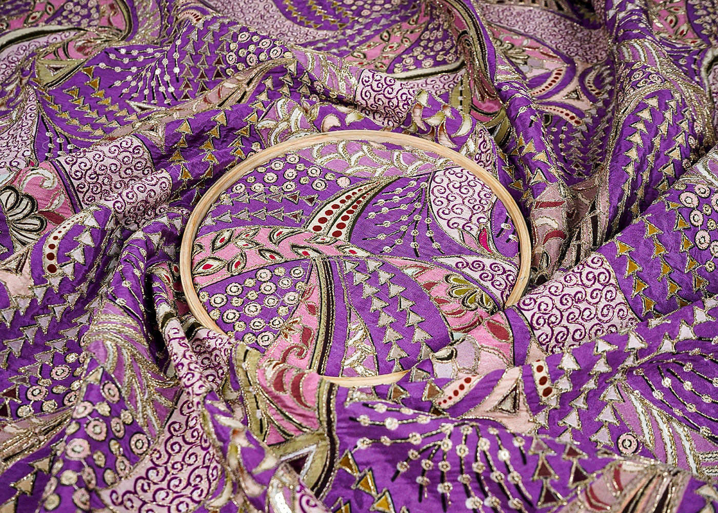 Lavender Crepe Fabric With All Over Thread, Sequins And Zari Work 16465