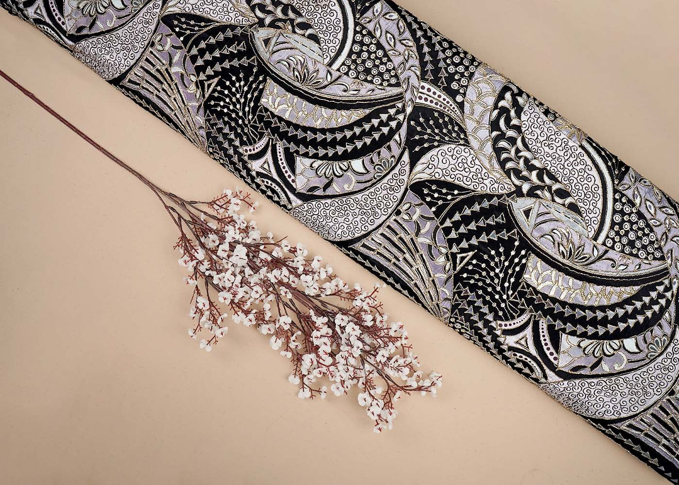 Black Crepe Fabric With All Over Thread, Sequins And Zari Work 16466