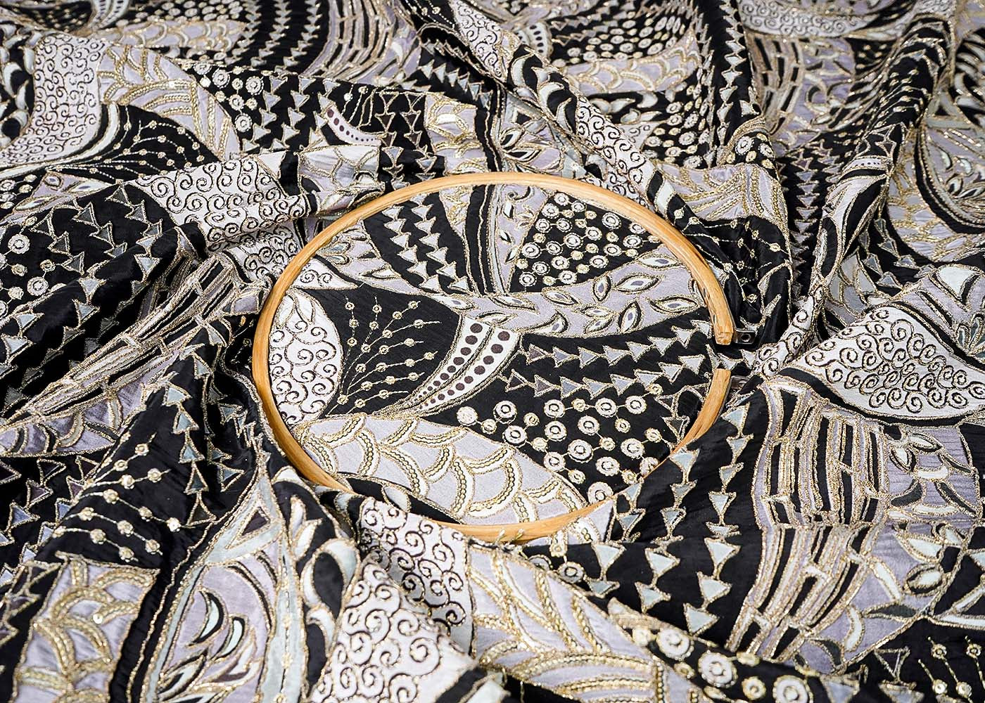 Black Crepe Fabric With All Over Thread, Sequins And Zari Work 16466
