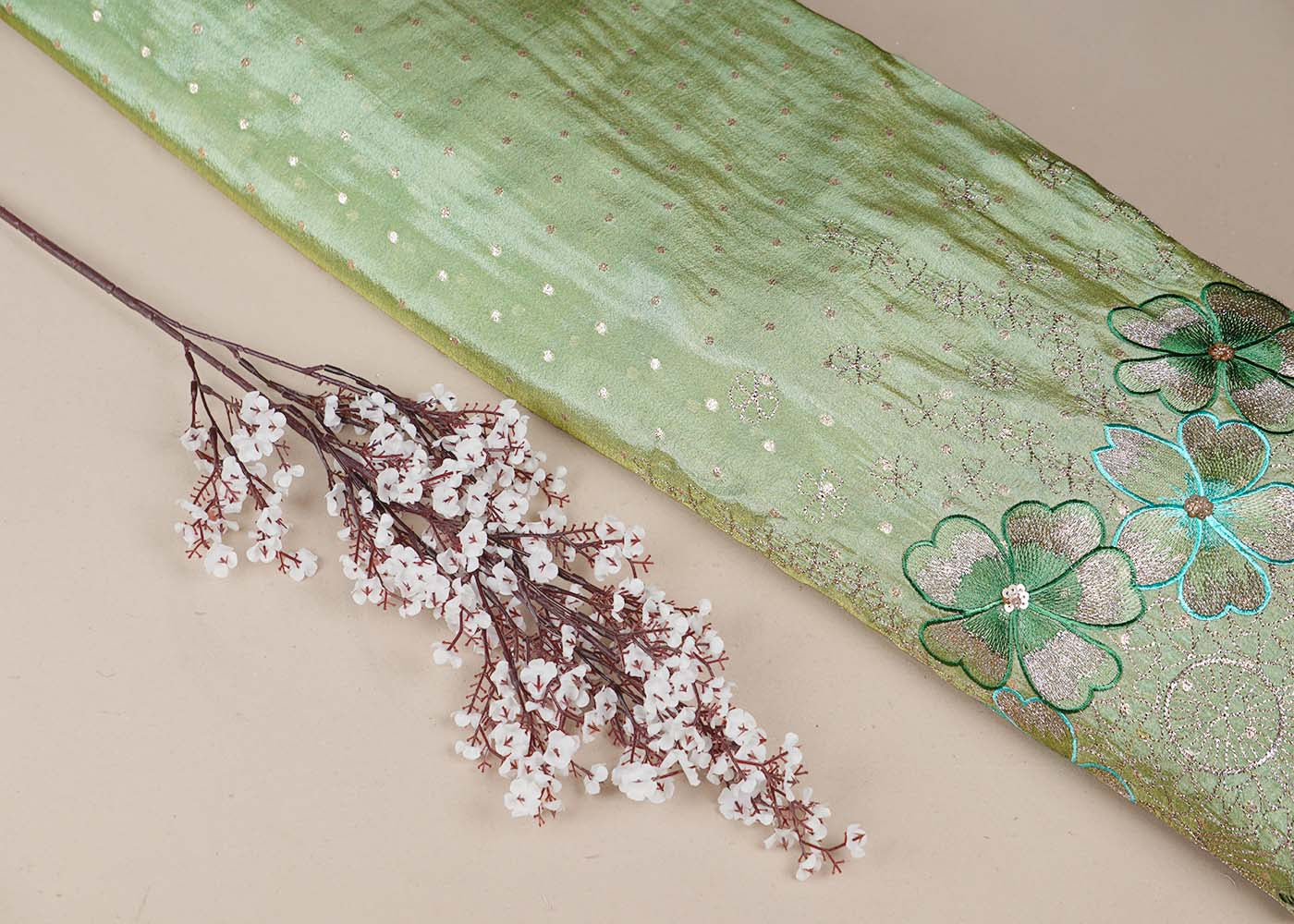 Sea Green Tissue Fabric With All Over Thread, Zari And Sequins Work With One Side Scalloped Border 16467