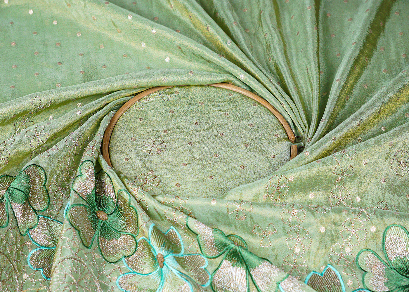 Sea Green Tissue Fabric With All Over Thread, Zari And Sequins Work With One Side Scalloped Border 16467