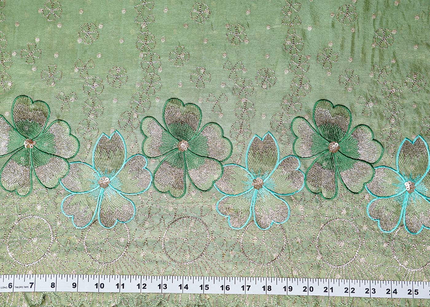 Sea Green Tissue Fabric With All Over Thread, Zari And Sequins Work With One Side Scalloped Border 16467
