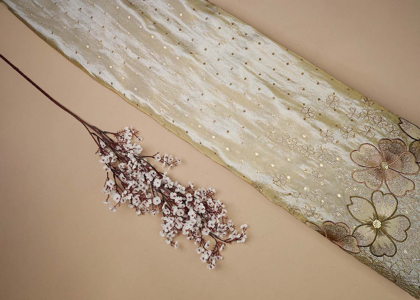 Beige Tissue Fabric With All Over Thread, Zari And Sequins Work With One Side Scalloped Border 16468