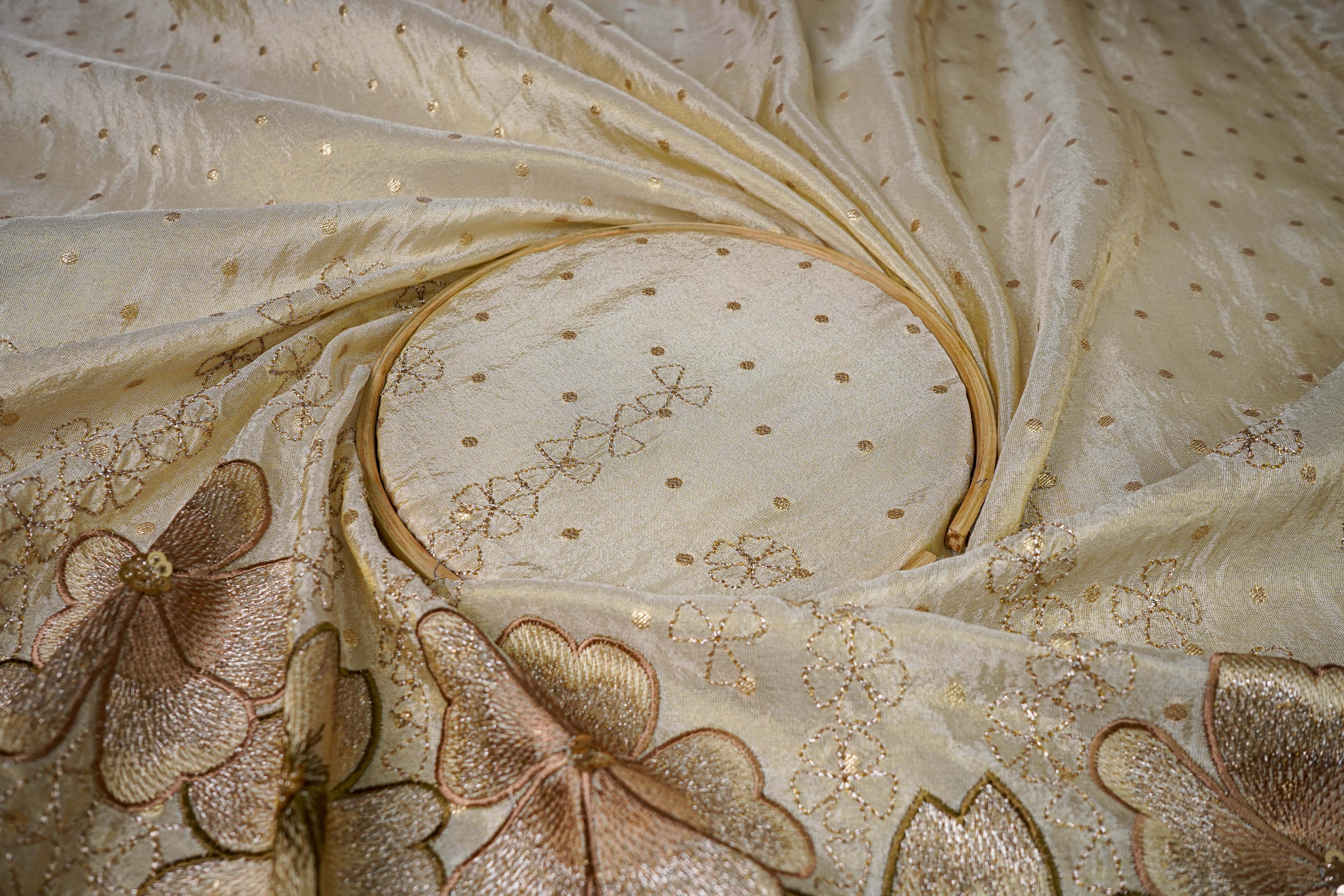 Beige Tissue Fabric With All Over Thread, Zari And Sequins Work With One Side Scalloped Border 16468