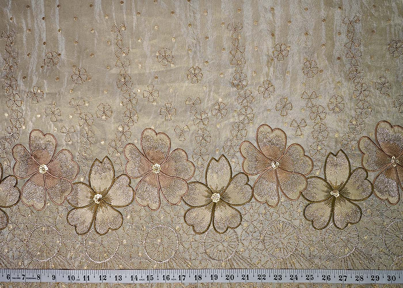 Beige Tissue Fabric With All Over Thread, Zari And Sequins Work With One Side Scalloped Border 16468