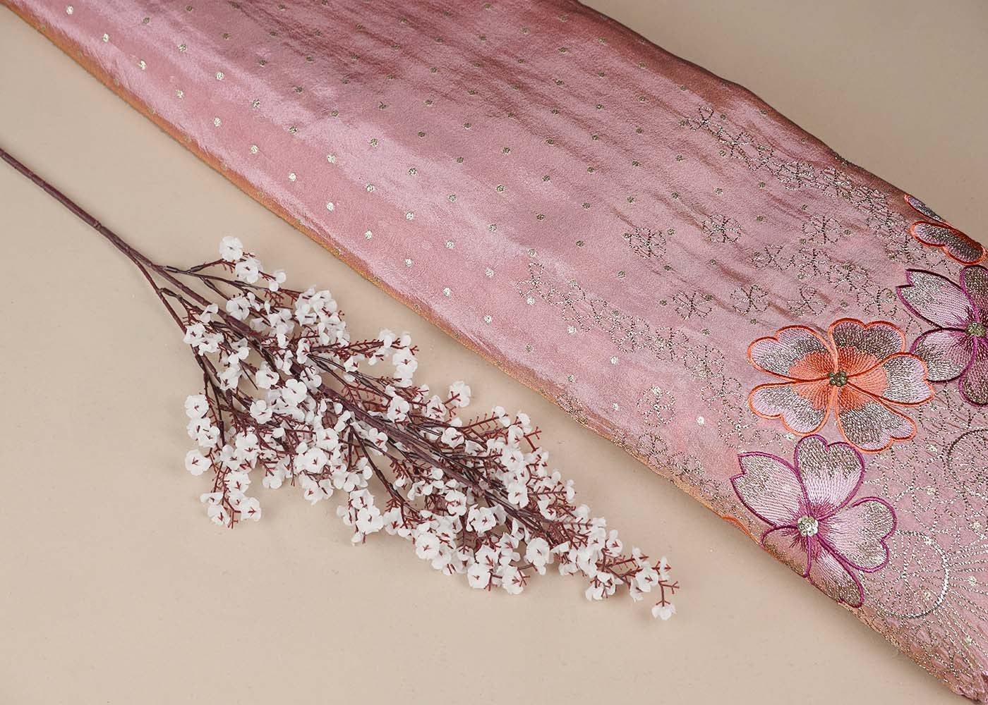 Pink Tissue Fabric With All Over Thread, Zari And Sequins Work With One Side Scalloped Border 16469