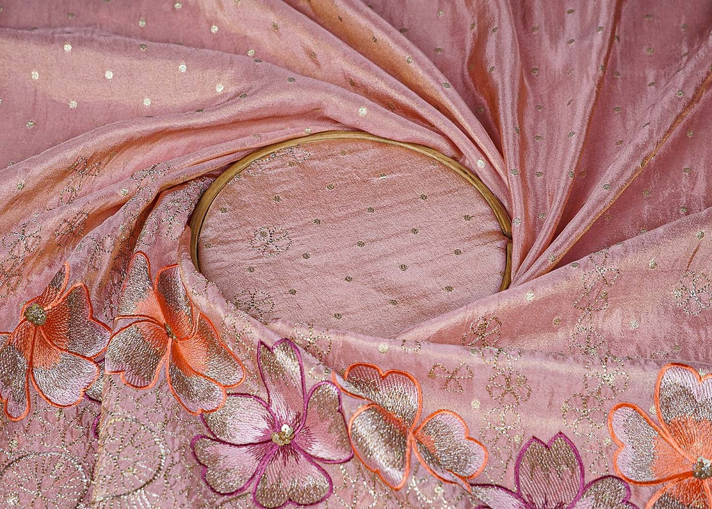 Pink Tissue Fabric With All Over Thread, Zari And Sequins Work With One Side Scalloped Border 16469