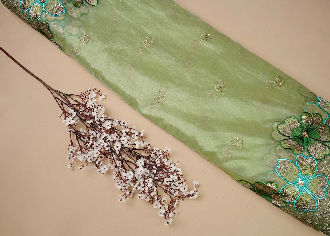 Sea Green Organza Fabric With All Over Thread, Zari And Sequins Work With Two Side Scalloped Border 16470