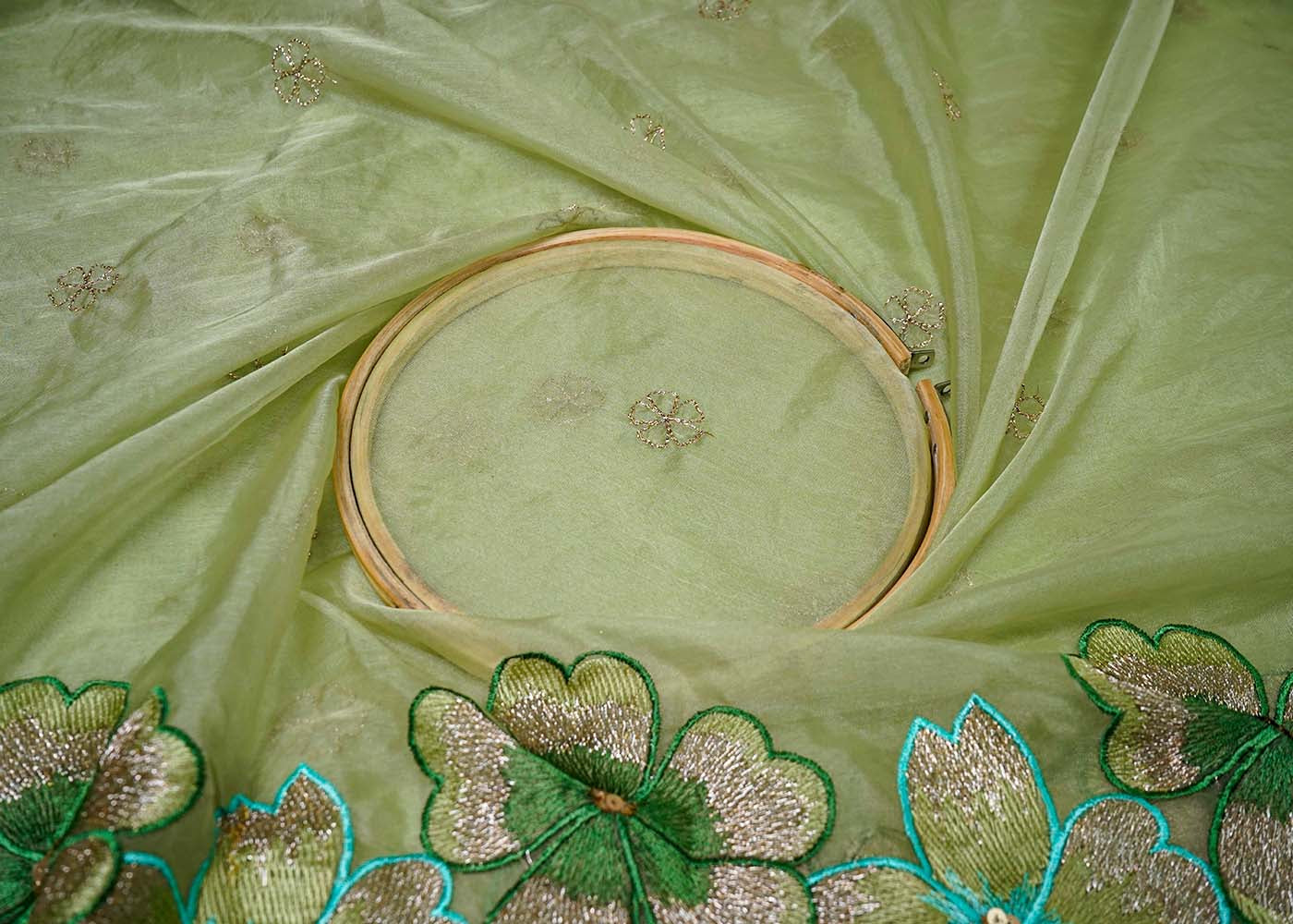 Sea Green Organza Fabric With All Over Thread, Zari And Sequins Work With Two Side Scalloped Border 16470