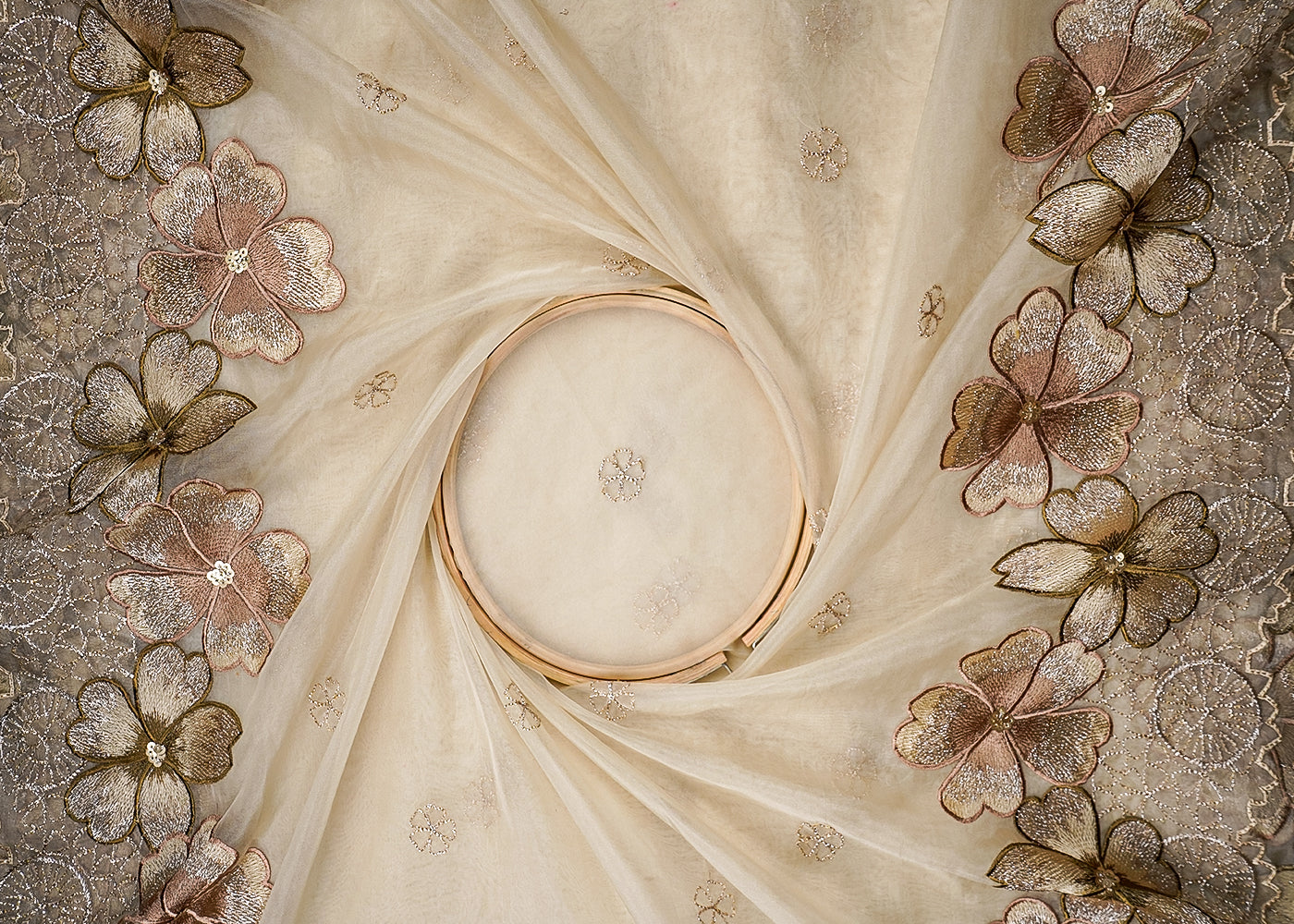 Beige Organza Fabric With All Over Thread, Zari And Sequins Work With Two Side Scalloped Border 16471