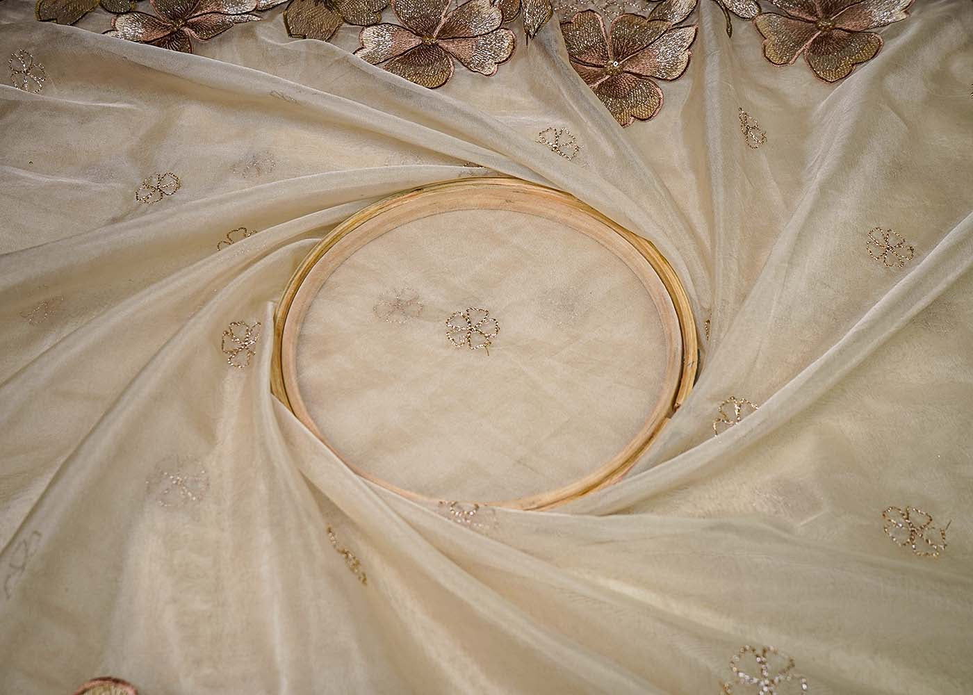 Beige Organza Fabric With All Over Thread, Zari And Sequins Work With Two Side Scalloped Border 16471