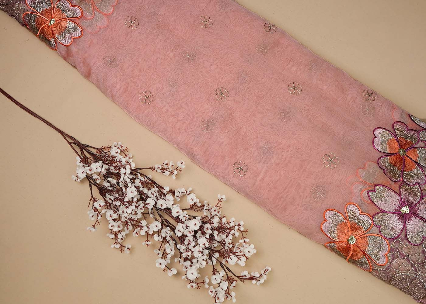 Pink Organza Fabric With All Over Thread, Zari And Sequins Work With Two Side Scalloped Border 16472
