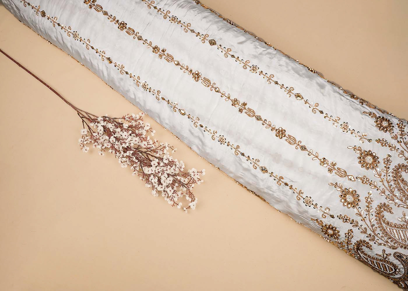 White Crepe Fabric With All Over Katdana, Bead, Sequins And Zari Work With One Side Scalloped Border 16473