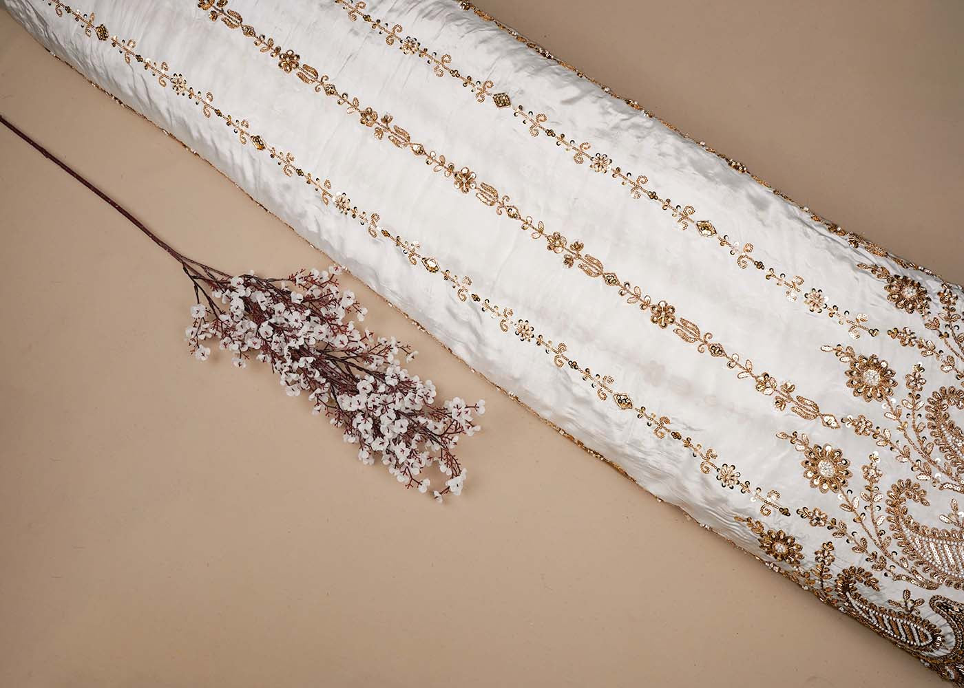 White Crepe Fabric With All Over Katdana, Bead, Sequins And Zari Work With One Side Scalloped Border 16473