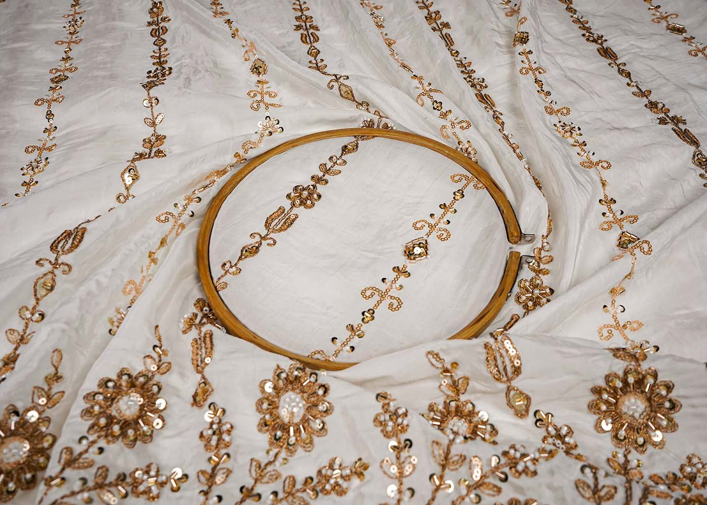 White Crepe Fabric With All Over Katdana, Bead, Sequins And Zari Work With One Side Scalloped Border 16473