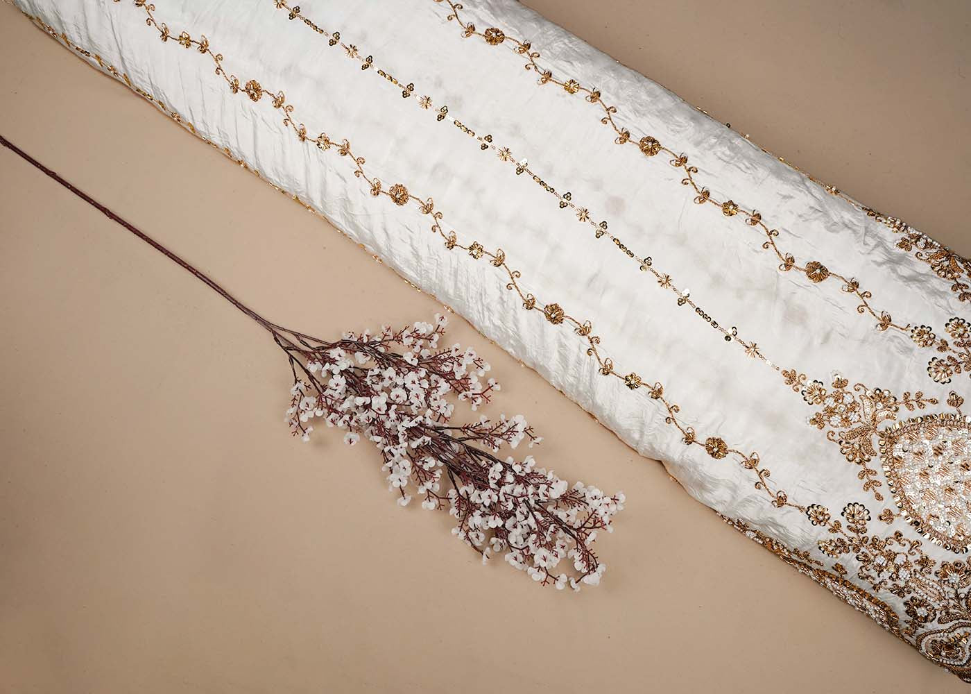 White Crepe Fabric With All Over Katdana, Bead, Sequins And Zari Work With One Side Scalloped Border 16474