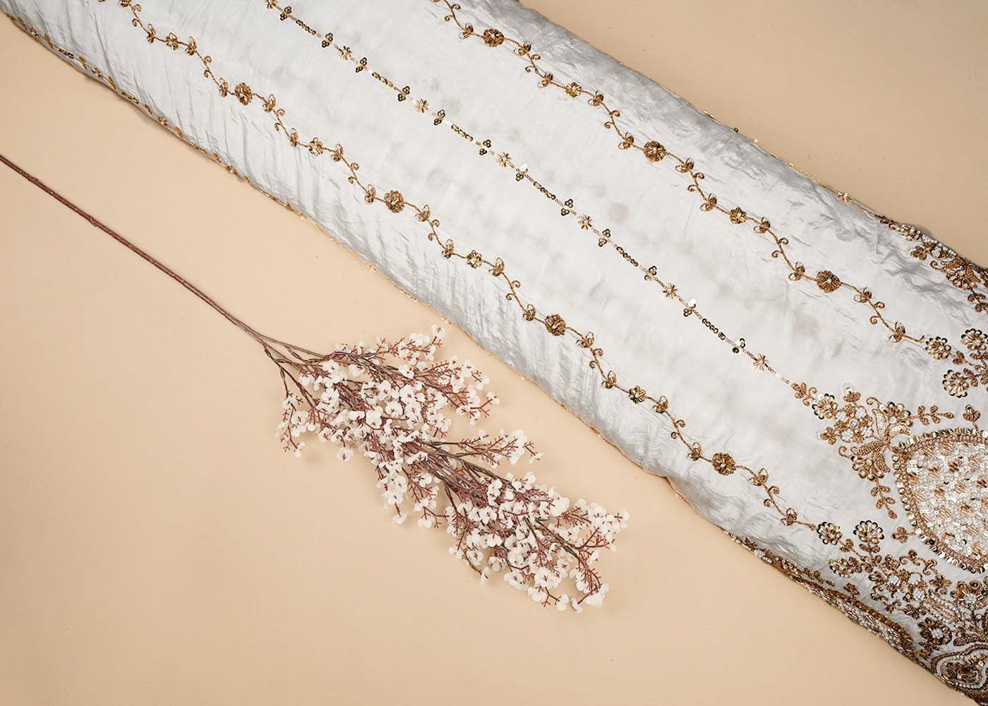 White Crepe Fabric With All Over Katdana, Bead, Sequins And Zari Work With One Side Scalloped Border 16474