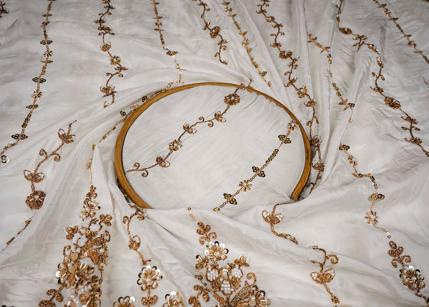 White Crepe Fabric With All Over Katdana, Bead, Sequins And Zari Work With One Side Scalloped Border 16474