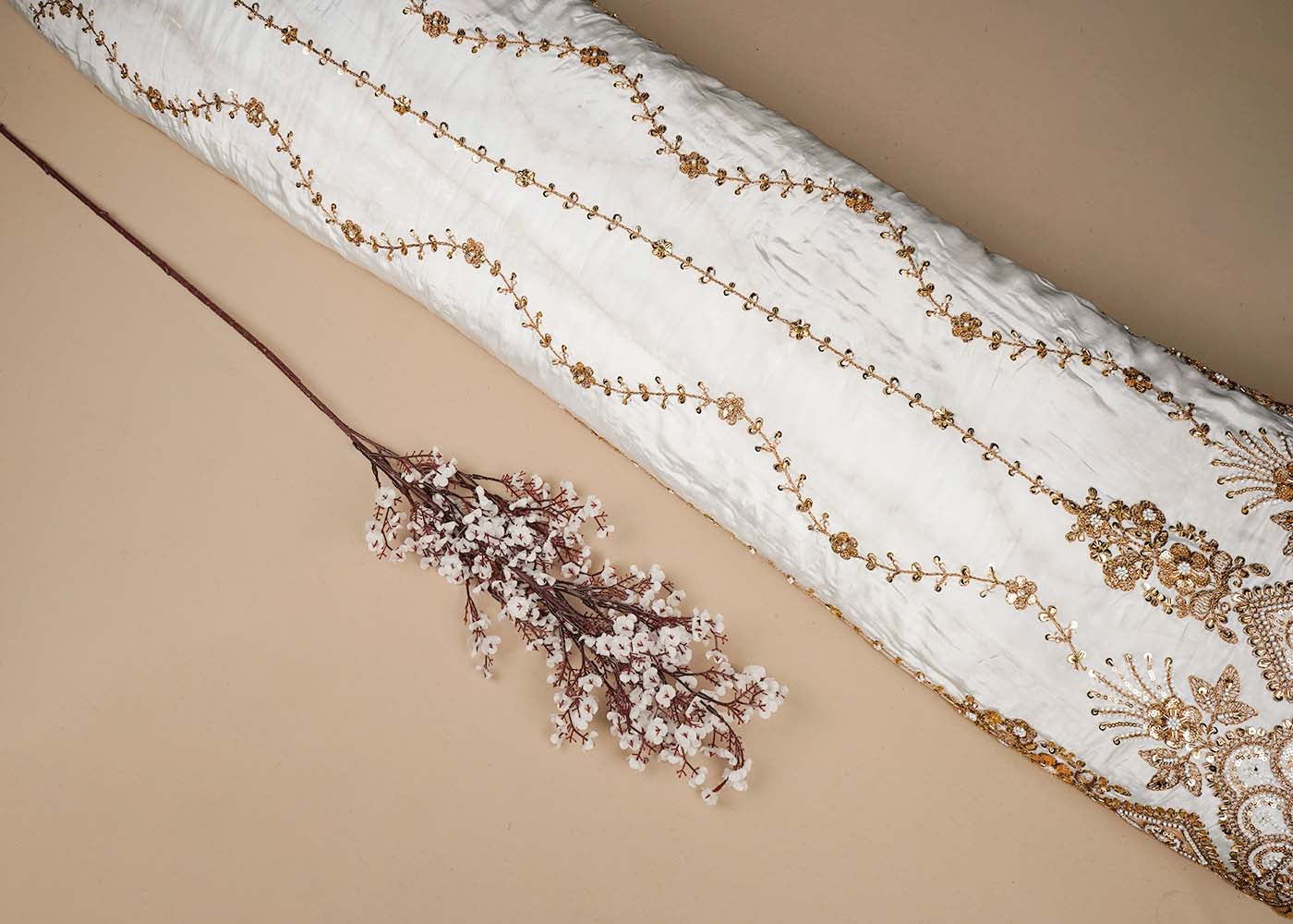 White Crepe Fabric With All Over Katdana, Bead, Sequins And Zari Work With One Side Scalloped Border 16475