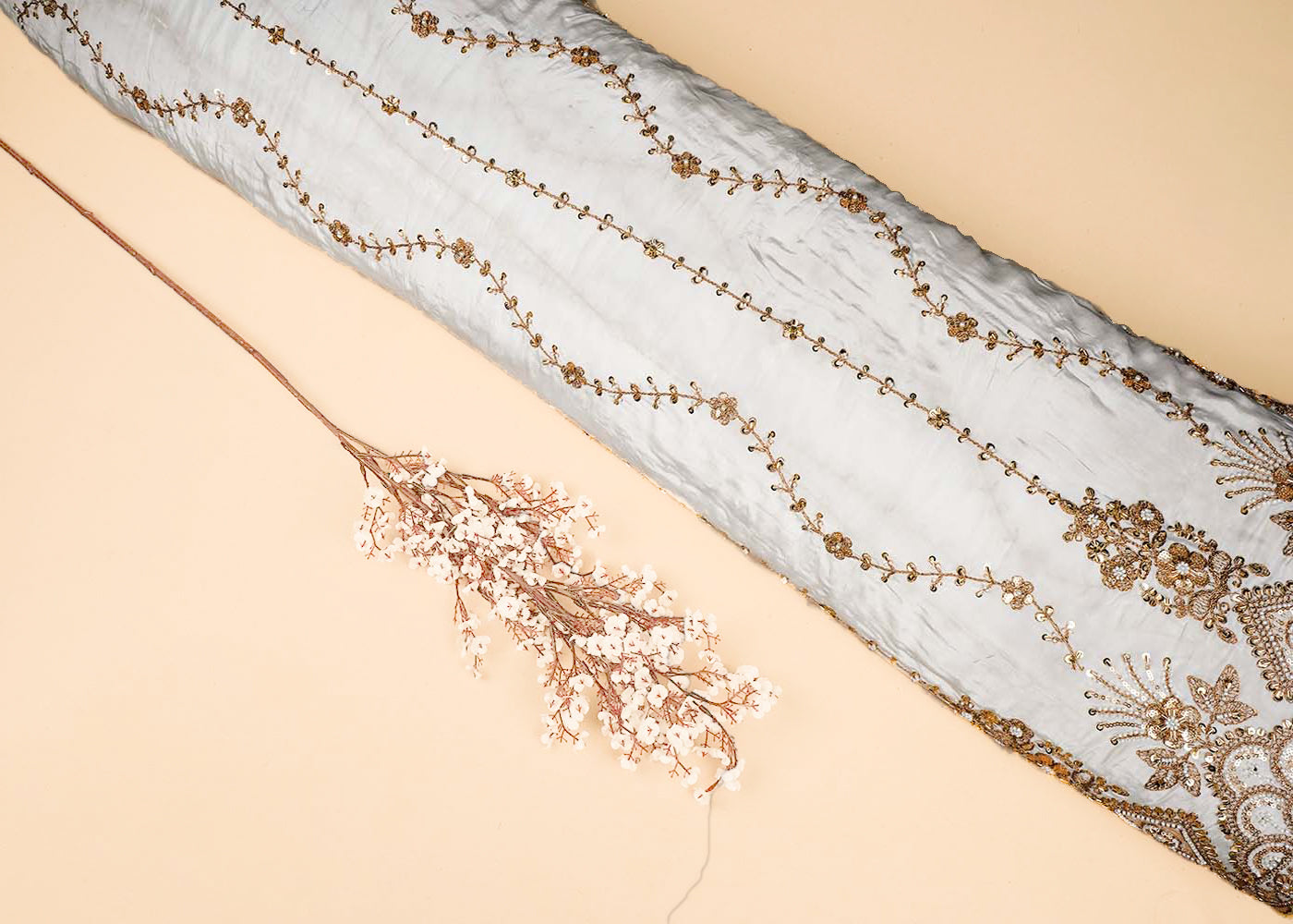 White Crepe Fabric With All Over Katdana, Bead, Sequins And Zari Work With One Side Scalloped Border 16475