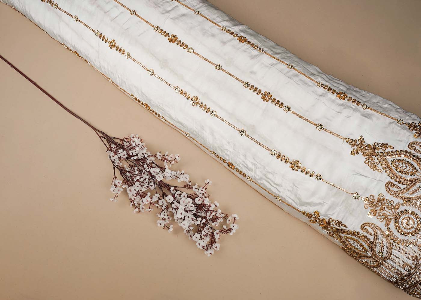 White Crepe Fabric With All Over Katdana, Bead, Sequins And Zari Work With One Side Scalloped Border 16476