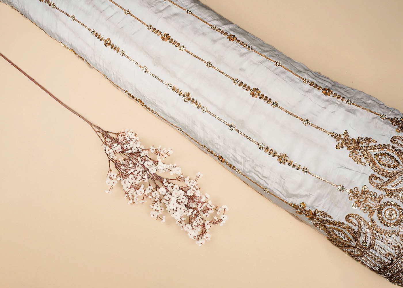 White Crepe Fabric With All Over Katdana, Bead, Sequins And Zari Work With One Side Scalloped Border 16476