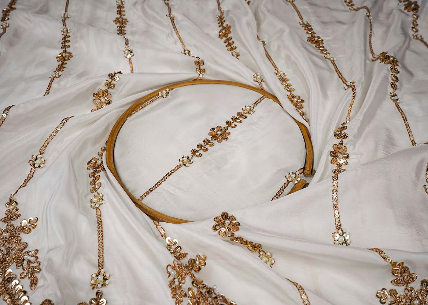 White Crepe Fabric With All Over Katdana, Bead, Sequins And Zari Work With One Side Scalloped Border 16476