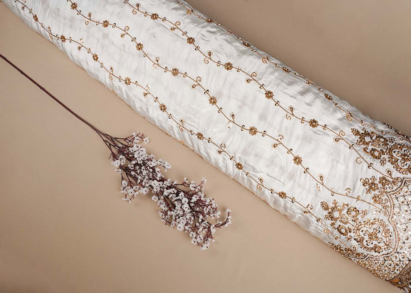 White Crepe Fabric With All Over Katdana, Bead, Sequins And Zari Work With One Side Scalloped Border 16477