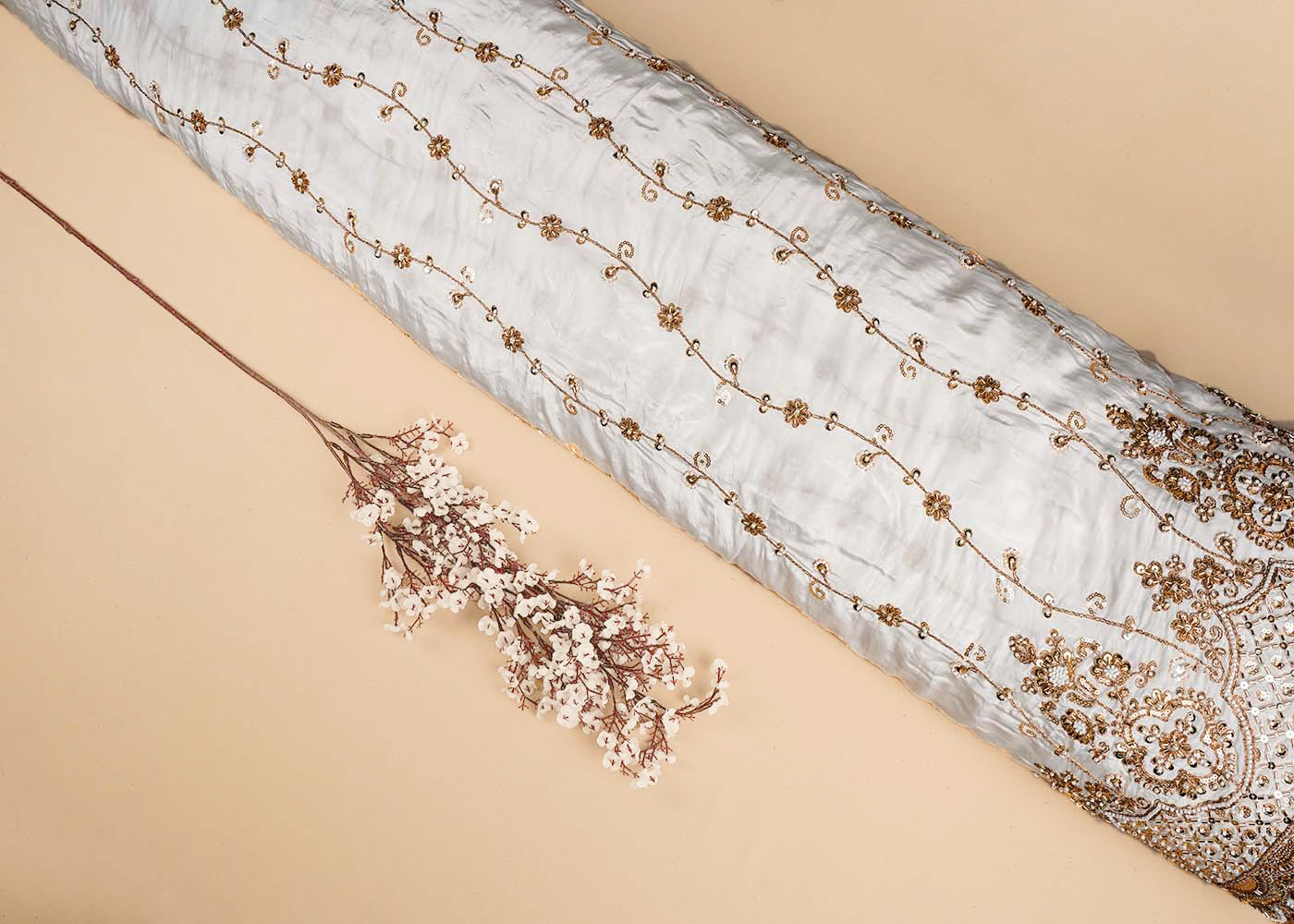 White Crepe Fabric With All Over Katdana, Bead, Sequins And Zari Work With One Side Scalloped Border 16477