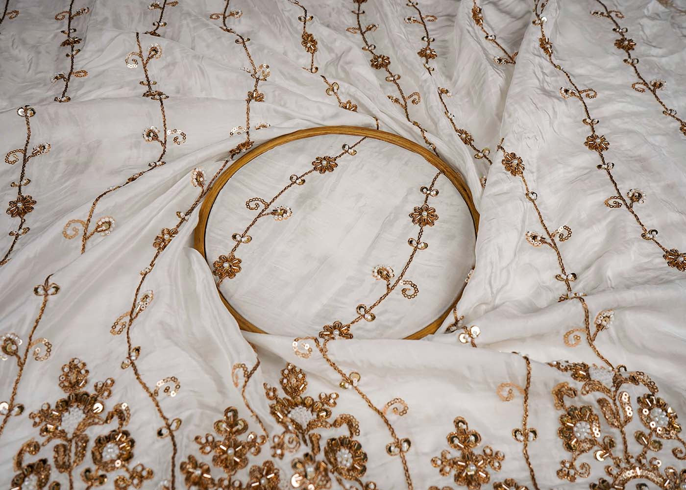 White Crepe Fabric With All Over Katdana, Bead, Sequins And Zari Work With One Side Scalloped Border 16477