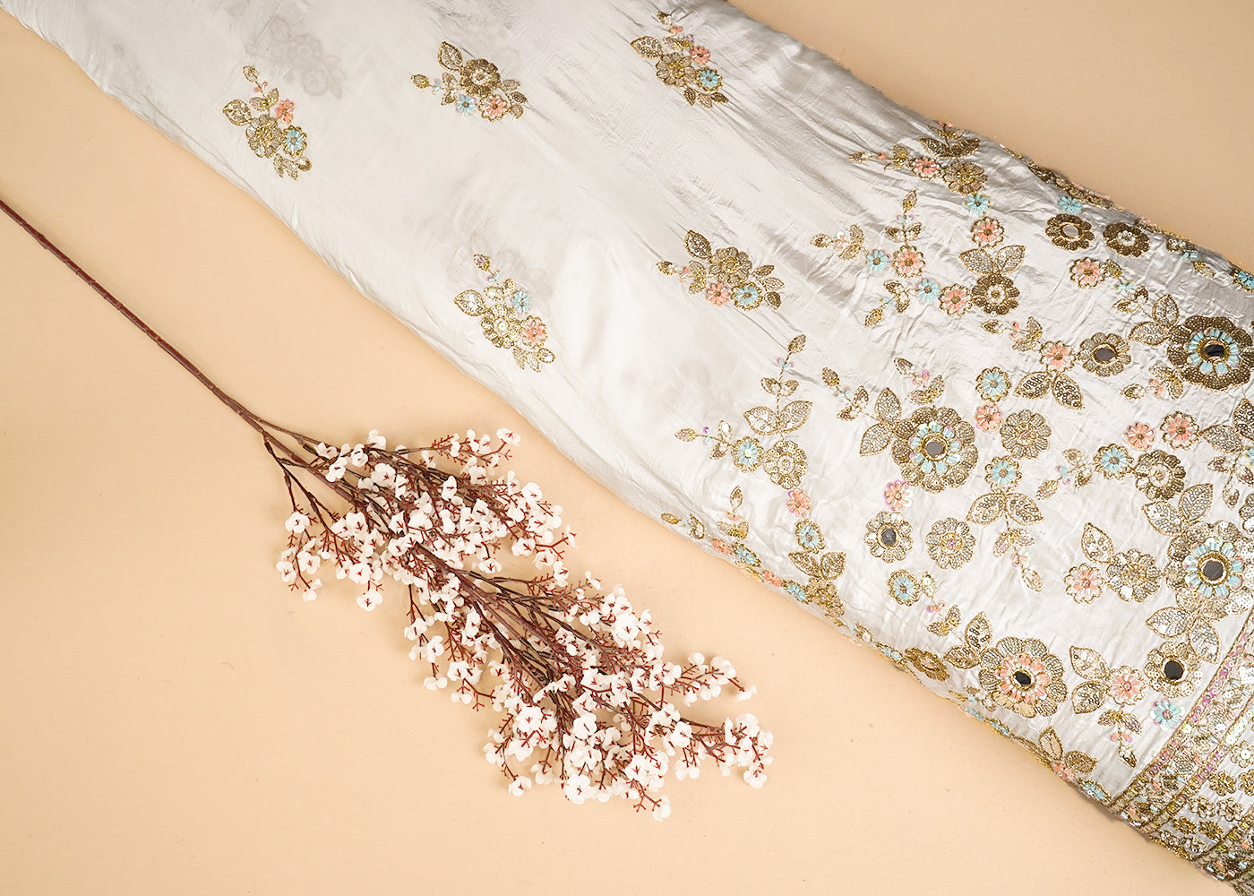 White Crepe Fabric With All Over Zari, Sequins, Katdana, Faux Mirror And Bead Work With One Side Heavy Border 16482