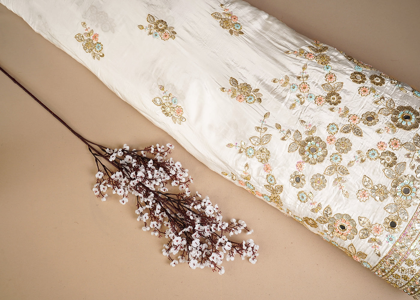 White Crepe Fabric With All Over Zari, Sequins, Katdana, Faux Mirror And Bead Work With One Side Heavy Border 16482