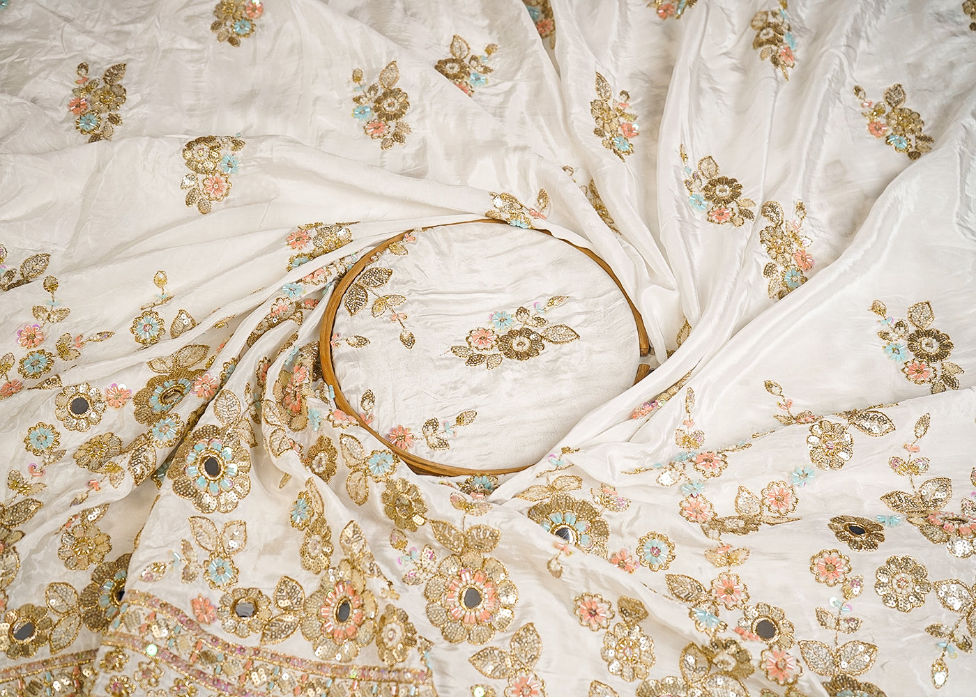 White Crepe Fabric With All Over Zari, Sequins, Katdana, Faux Mirror And Bead Work With One Side Heavy Border 16482