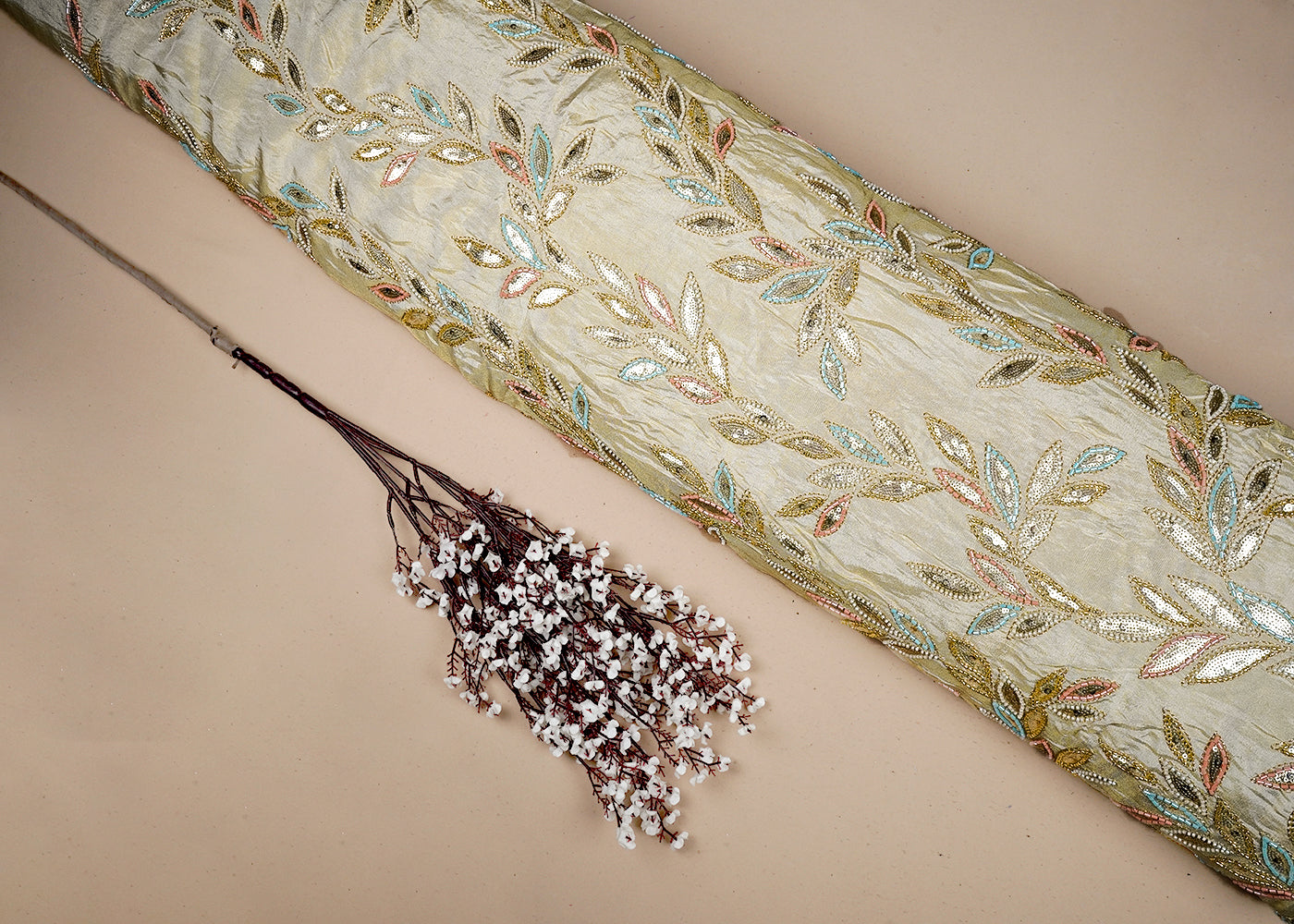 Golden Tissue Dupatta Fabric With All Over Zari, Sequins, Katdana And Bead Work With One Side Border 16483