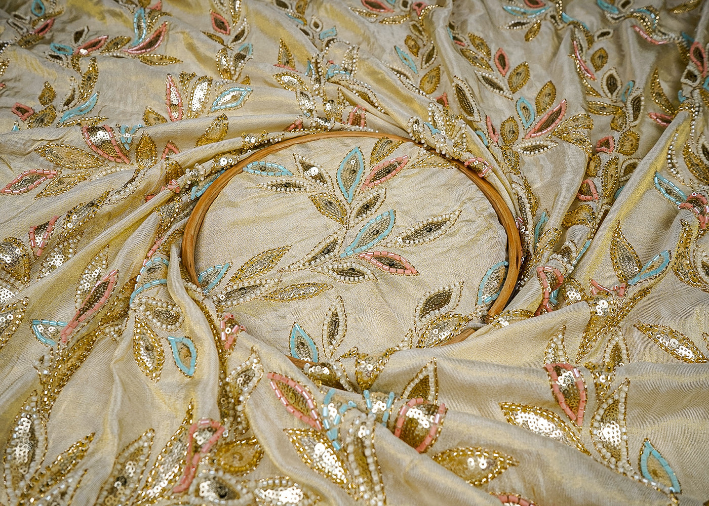 Golden Tissue Dupatta Fabric With All Over Zari, Sequins, Katdana And Bead Work With One Side Border 16483