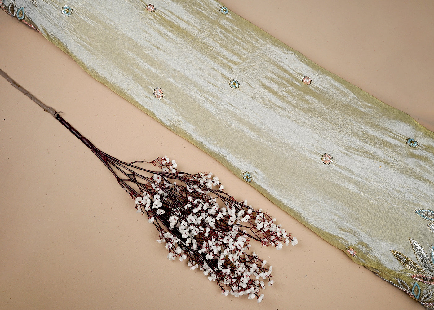 Golden Tissue Dupatta Fabric With All Over Zari, Sequins, Katdana And Bead Work With Two Side Border 16484