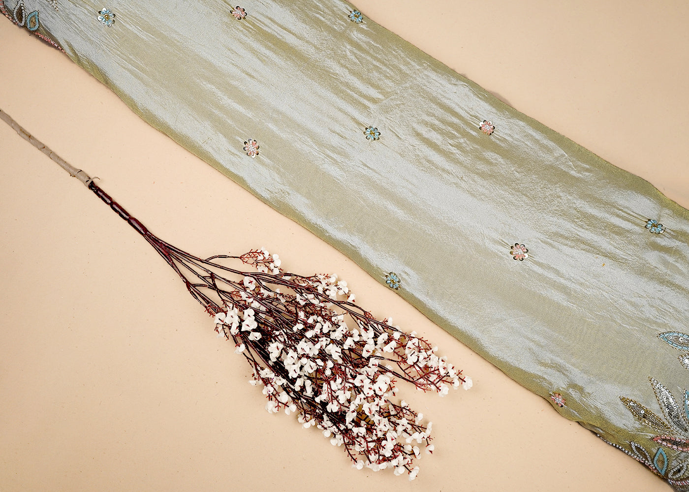 Golden Tissue Dupatta Fabric With All Over Zari, Sequins, Katdana And Bead Work With Two Side Border 16484