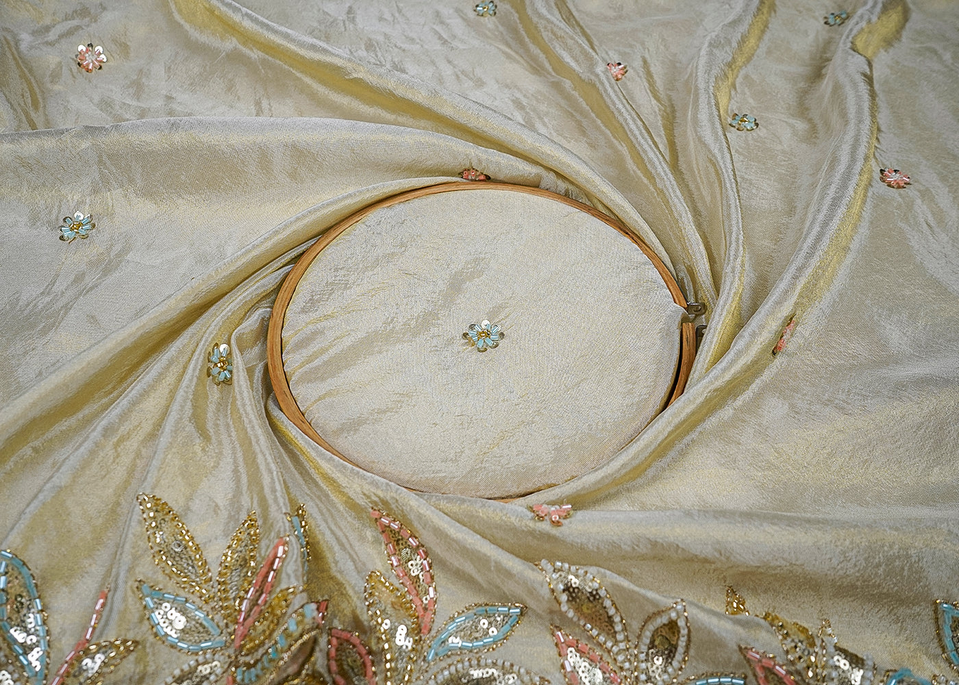Golden Tissue Dupatta Fabric With All Over Zari, Sequins, Katdana And Bead Work With Two Side Border 16484
