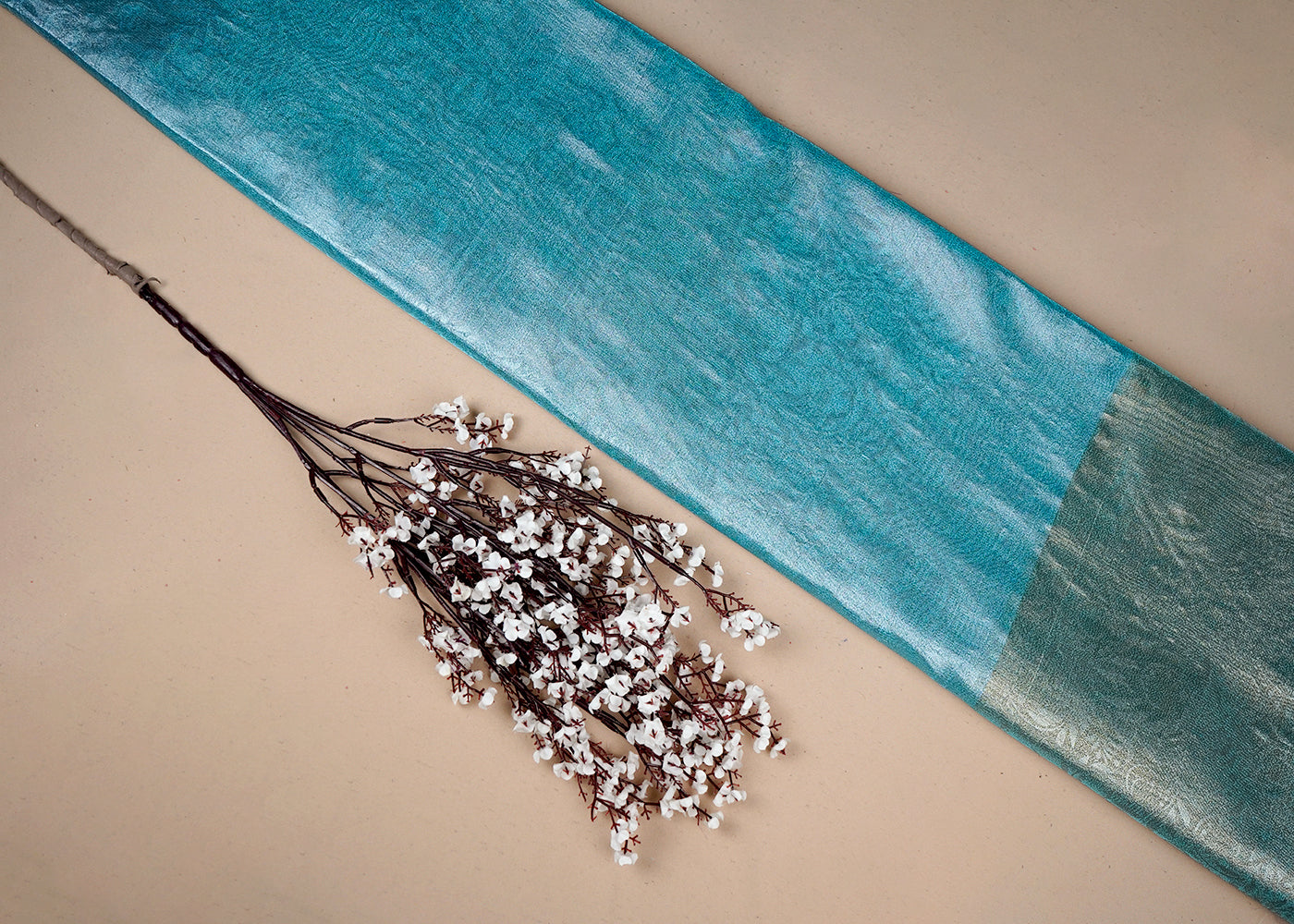 Sky Blue Tissue Fabric With All Over Traditional Self Work 16486