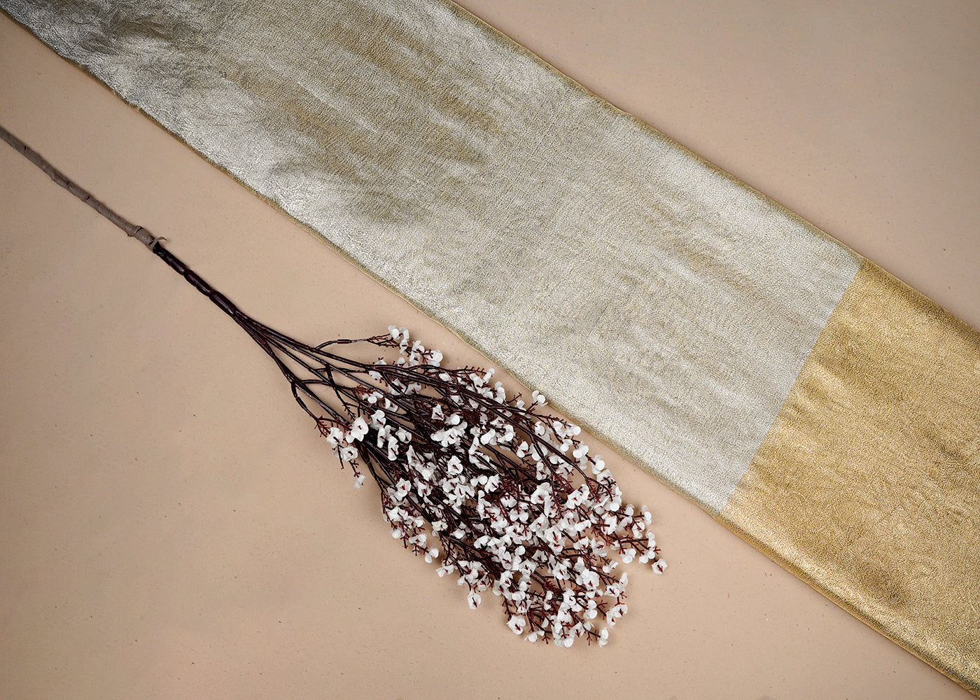 Golden Tissue Fabric With All Over Traditional Self Work 16487