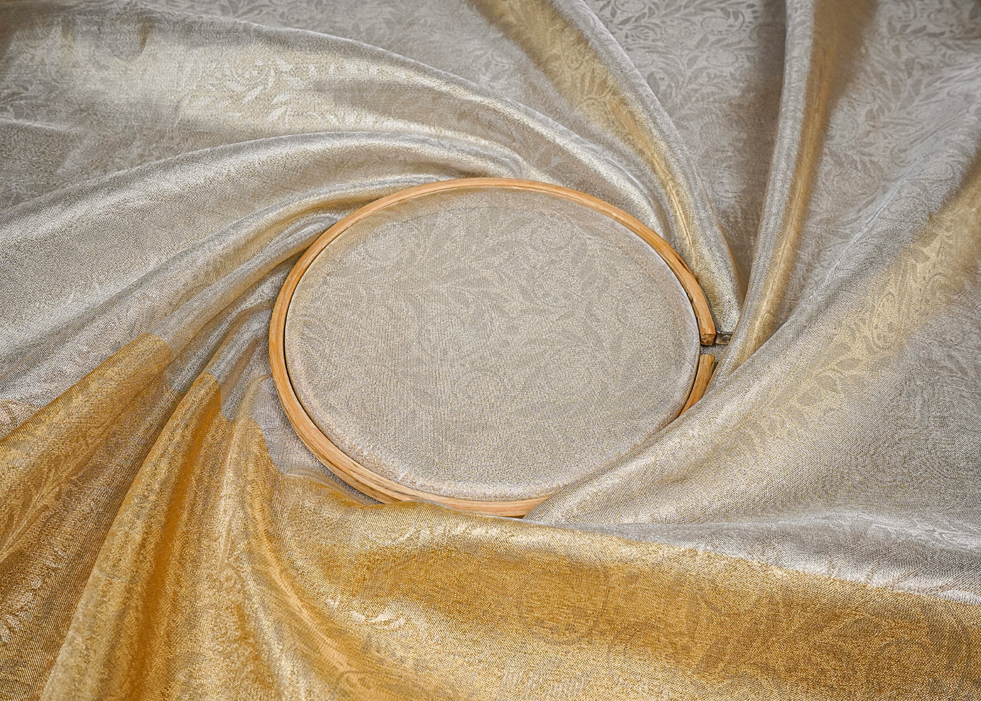 Golden Tissue Fabric With All Over Traditional Self Work 16487
