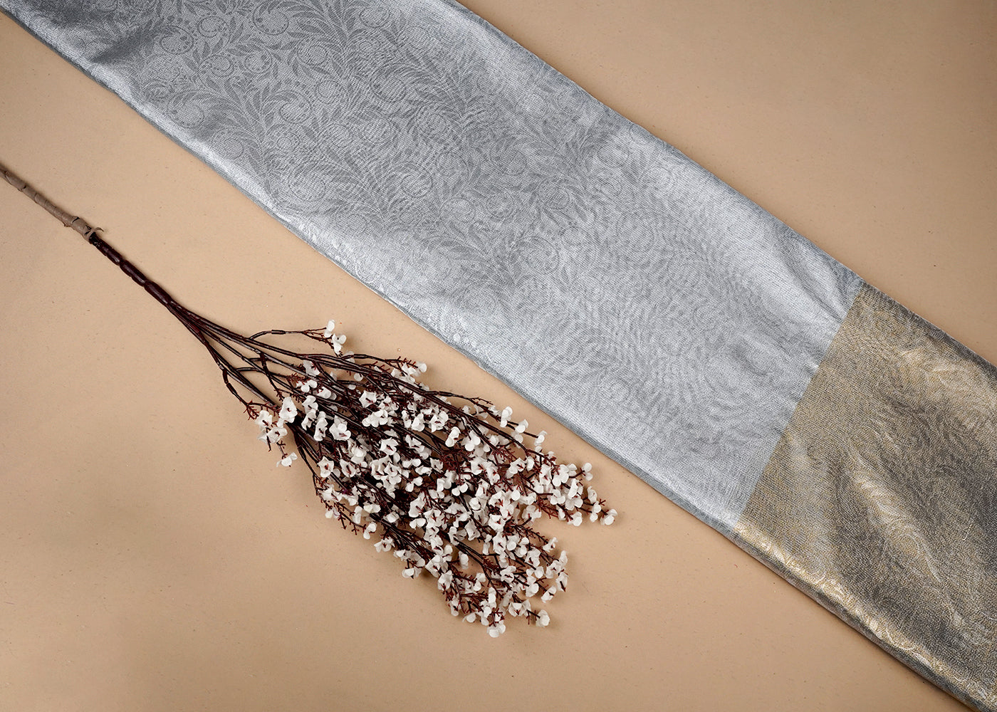 Grey Tissue Fabric With All Over Traditional Self Work 16491