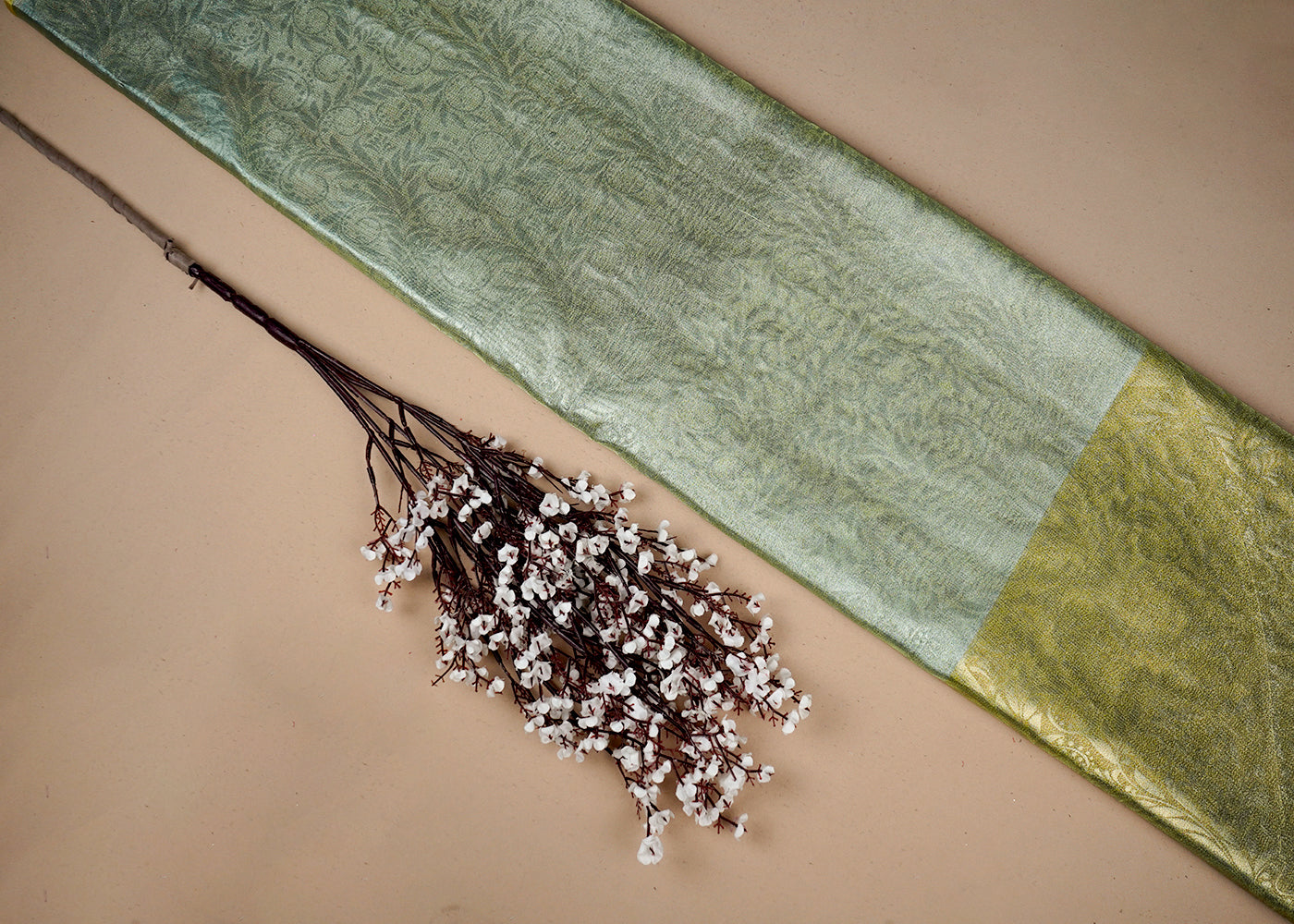 Sea Green Tissue Fabric With All Over Traditional Self Work 16492