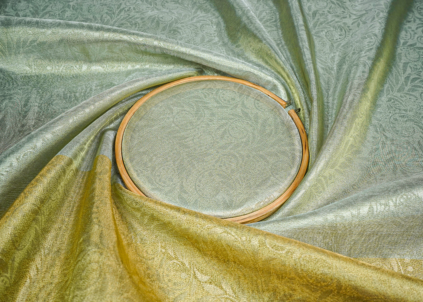 Sea Green Tissue Fabric With All Over Traditional Self Work 16492