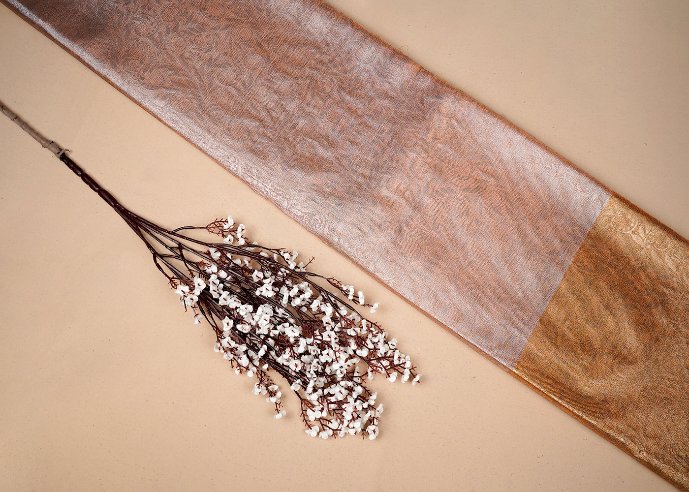 Peach Tissue Fabric With All Over Traditional Self Work 16494