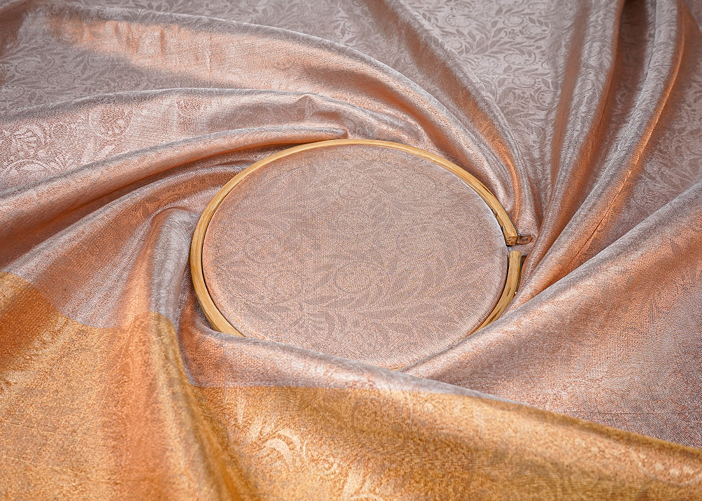 Peach Tissue Fabric With All Over Traditional Self Work 16494