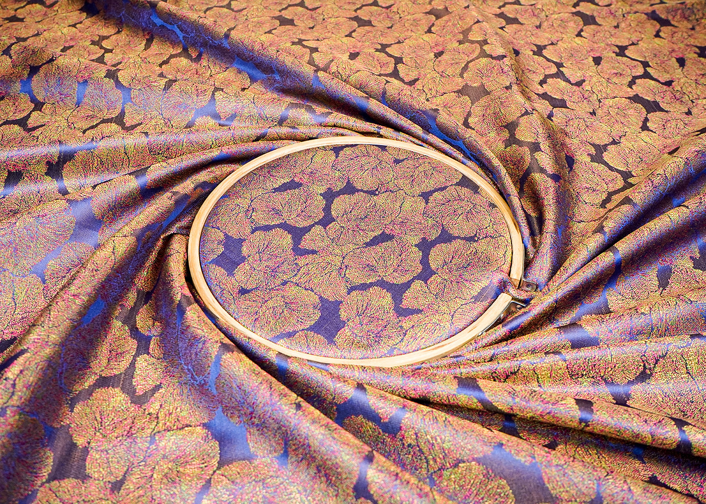 Navy Blue Banarasi Brocade Fabric With All Over Golden Zari Handloom 16503