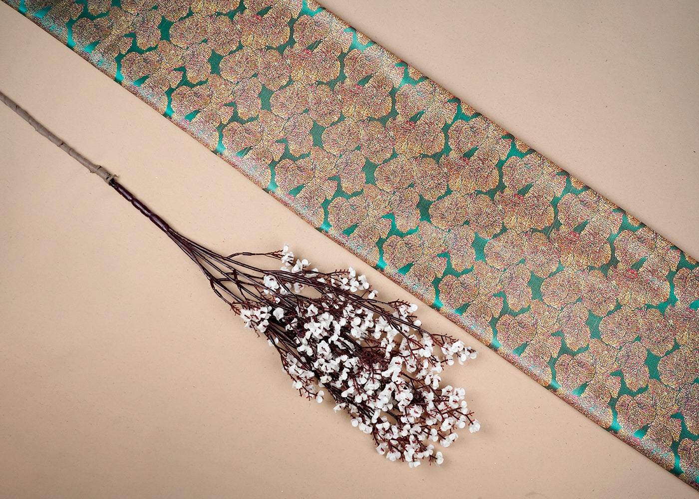 Green Banarasi Brocade Fabric With All Over Golden Zari Handloom 16504